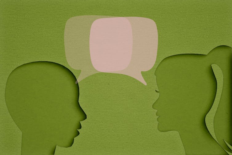 Two figures speaking with overlapping speech bubbles.