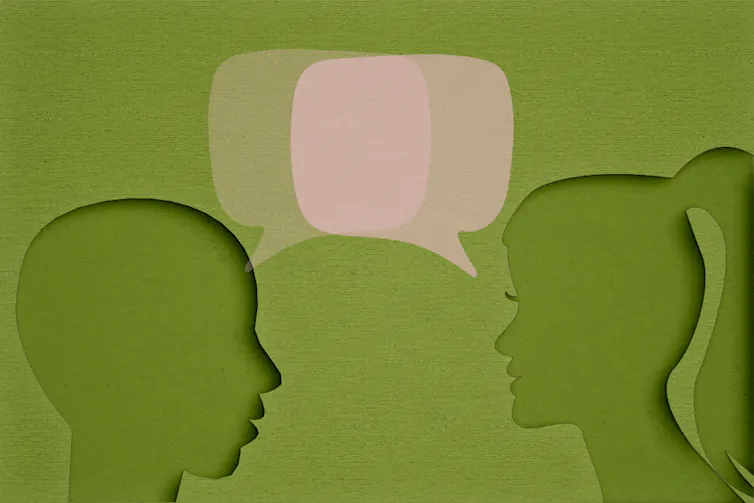 Two figures speaking with overlapping speech bubbles.