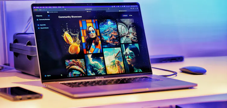 AI-generated images are seen on the screen of an open laptop