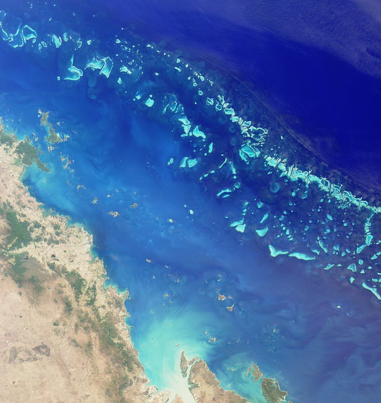 satellite image of queensland coast and pompey coral reefs