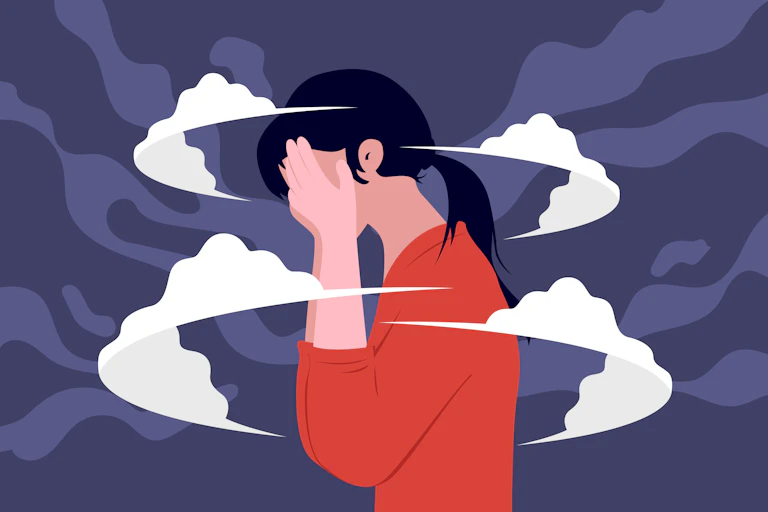 An illustration of a woman holding her head in despair.