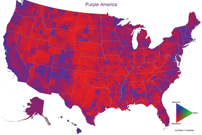 A map of the United States showing counties in shades of red, blue and purple.