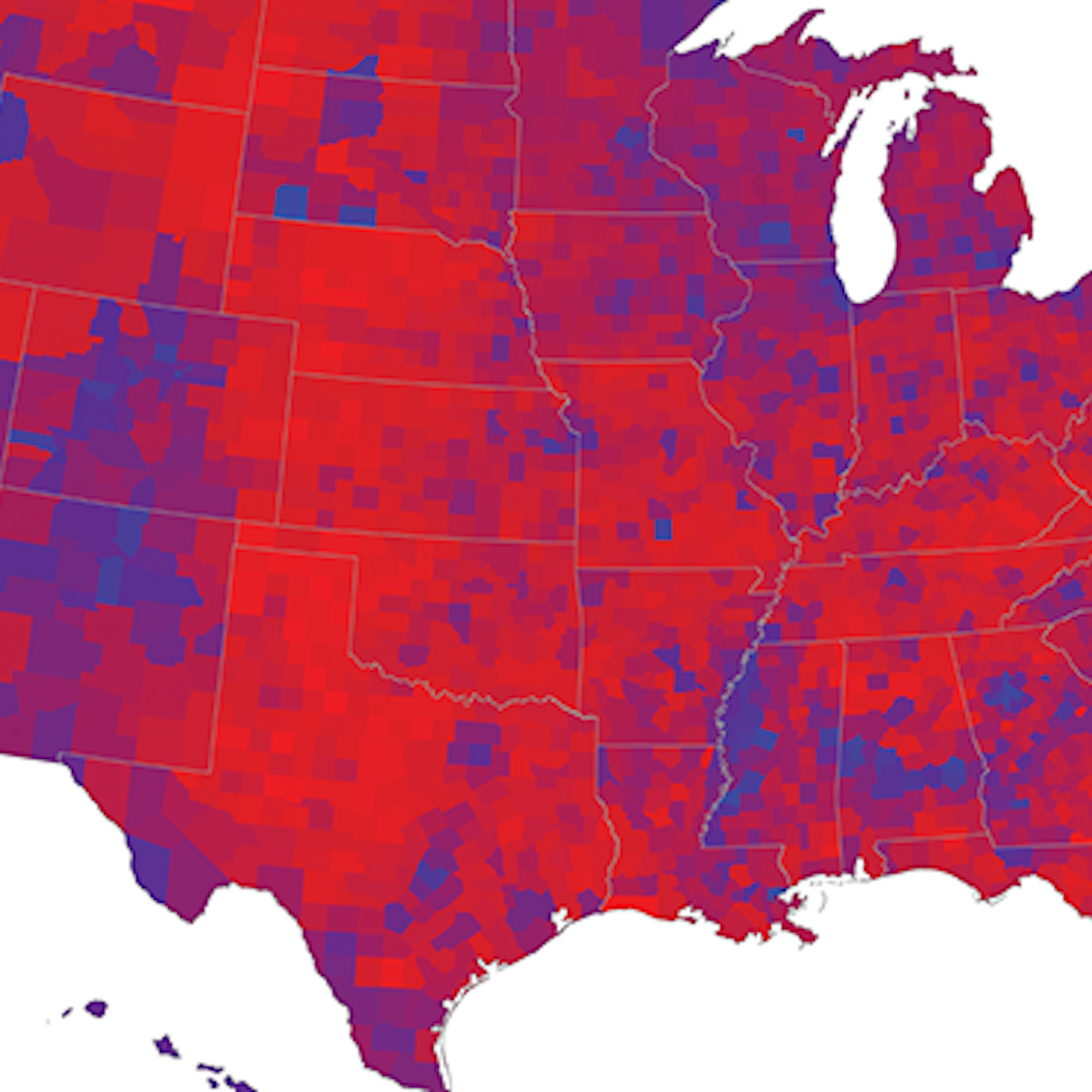 A map of the United States showing counties in shades of red, blue and purple.