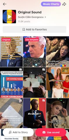 A screenshot showing a TikTok feed with the 'Support Calin Georgescu' TikTok sound on display.