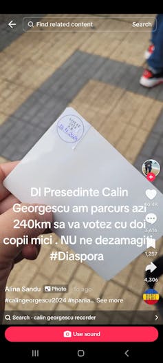 A screenshot from TikTok from user claiming they travelled 240km with two young children to vote for Georgescu.
