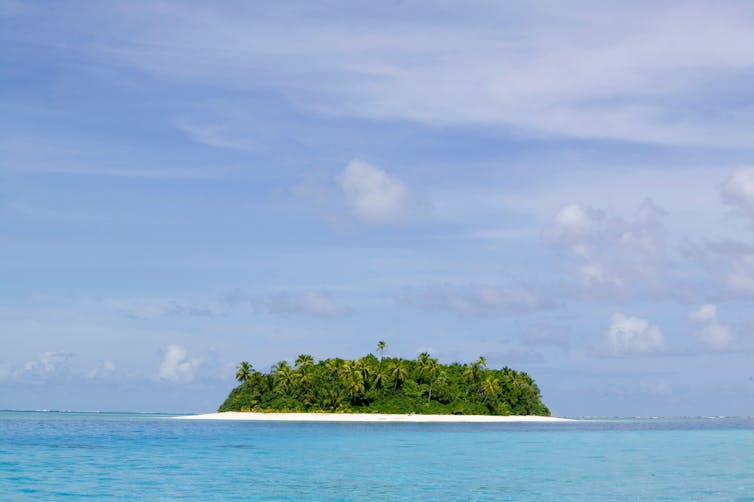 small tropical island with palm trees, surrounded by blue sea