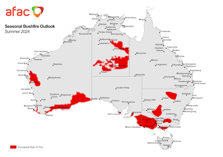 Map of Australia showing areas of highest bushfire risk in summer 2024
