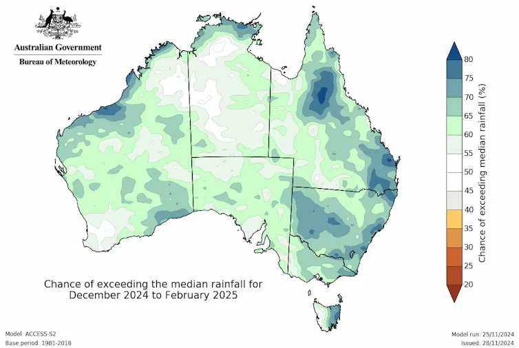 Map showing the chance of higher than average rainfall across Australia from December 2024 to February 2025