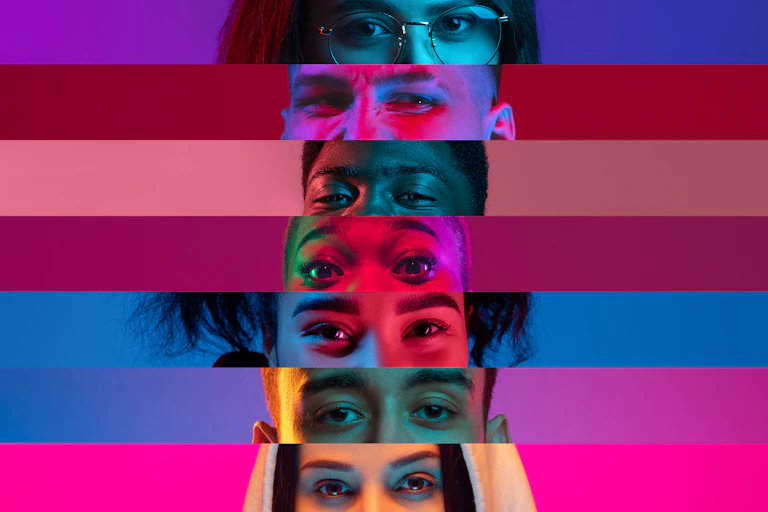 Collage of close-up male and female eyes isolated on colored neon backgorund.