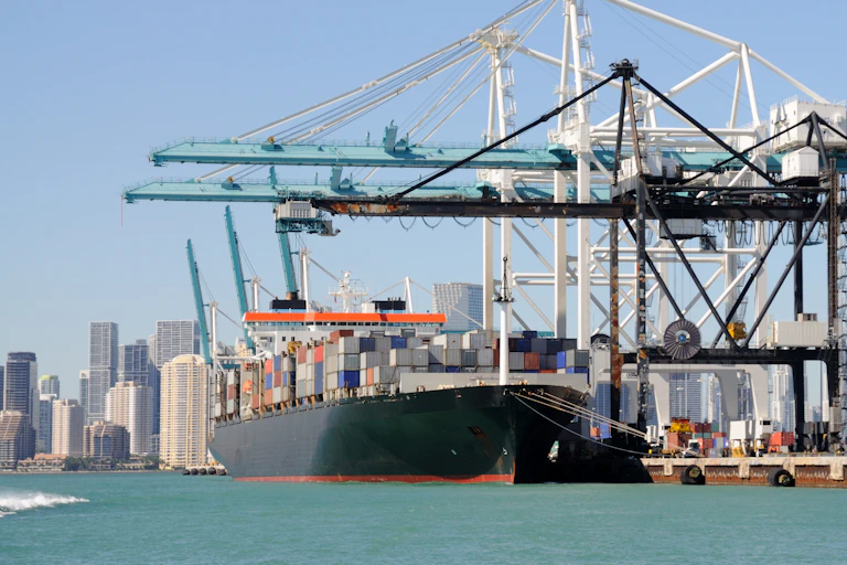A container ship at a port in Miami, skyscrapers in background