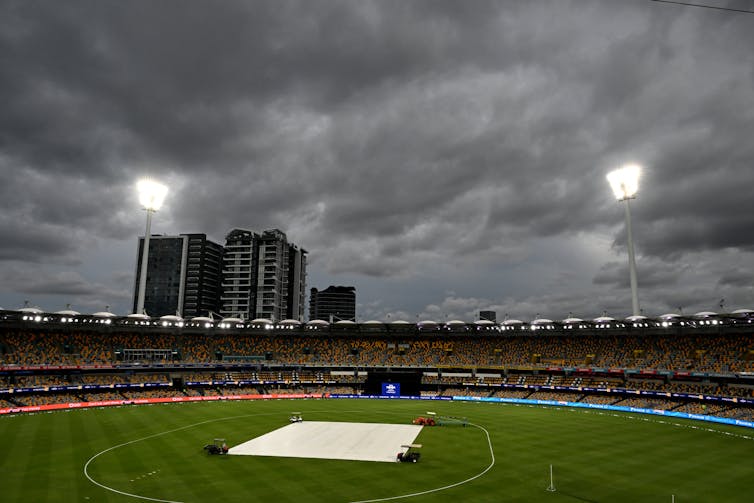 Storm clouds are seen over the Gabba during the 1st Men's T20I cricket match between Australia and Pakistan at The Gabba in Brisbane, Thursday, November 14, 2024