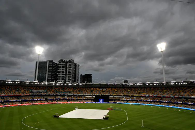 Storm clouds are seen over the Gabba during the 1st Men's T20I cricket match between Australia and Pakistan at The Gabba in Brisbane, Thursday, November 14, 2024