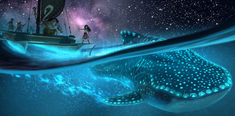 A shark whale in a bioluminescent sea with a Polynesian boat above on the surface.