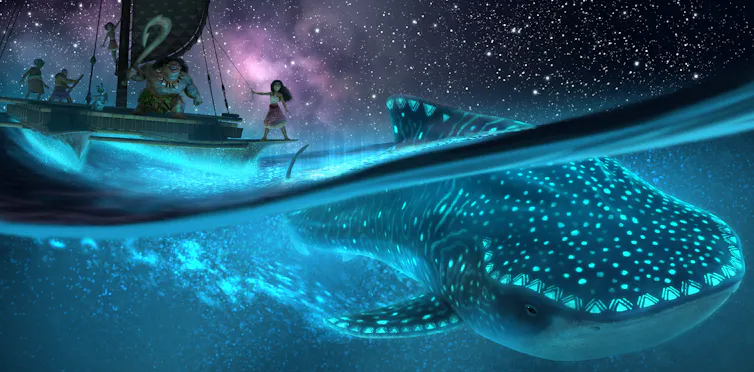 A shark whale in a bioluminescent sea with a Polynesian boat above on the surface.