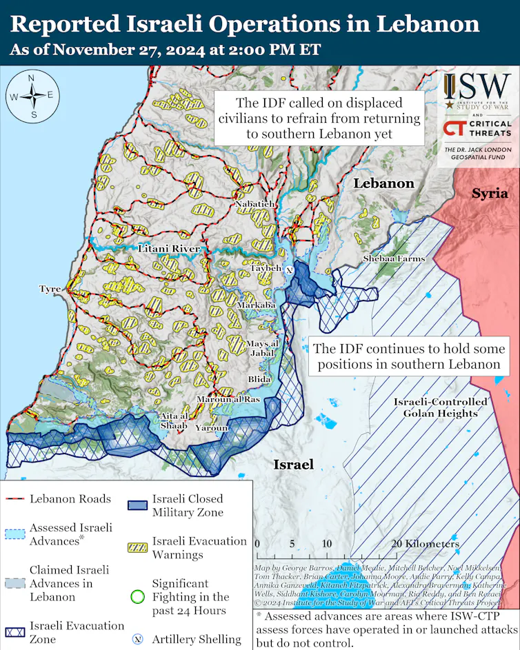 ISW map showing the state of the conflict as the ceasefire deal came into operation on November 27.