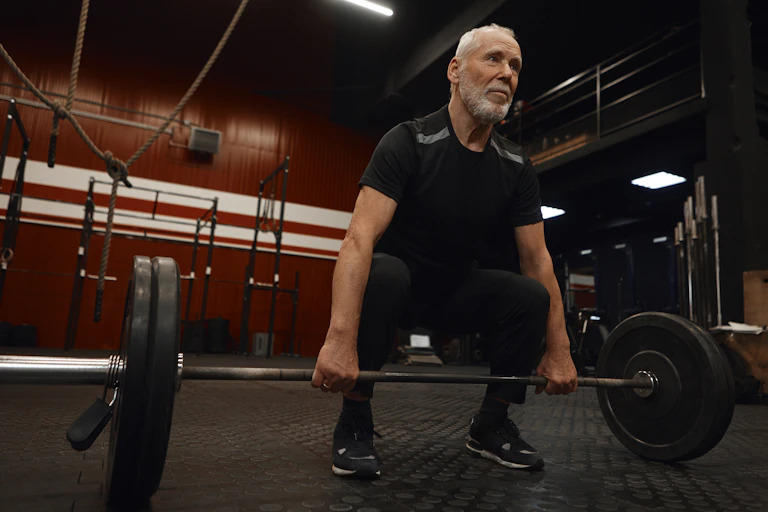 An elderly man deadlifts a barbell in a gym.