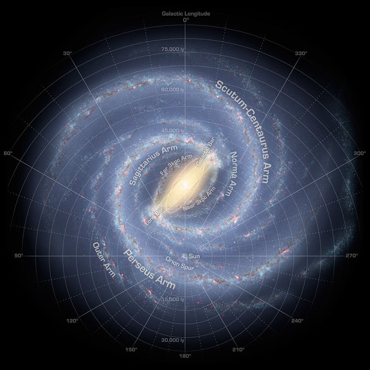 A spiral of stars representing the Milky Way galaxy with a bright clump in the middle at the centre of the galaxy. The Sun is about half way between the centre and the edge of the galaxy.