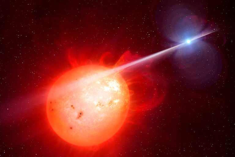 Illustration of a large red star and small white one.