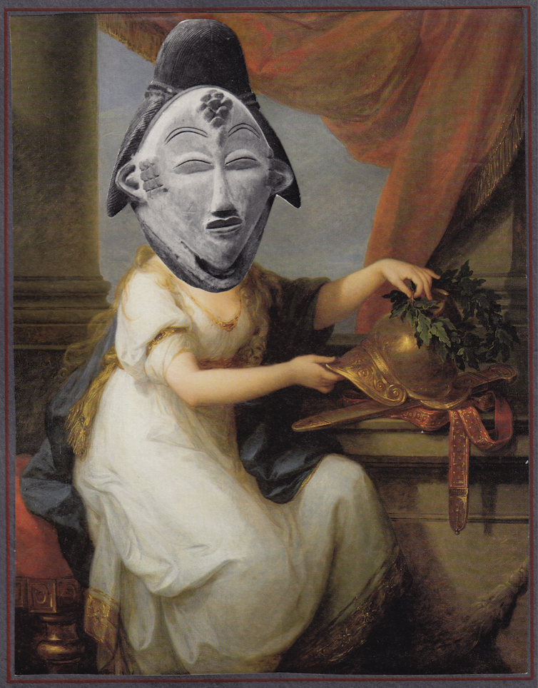A classic European painting of woman circa 18th century with an African mask pasted over her head.