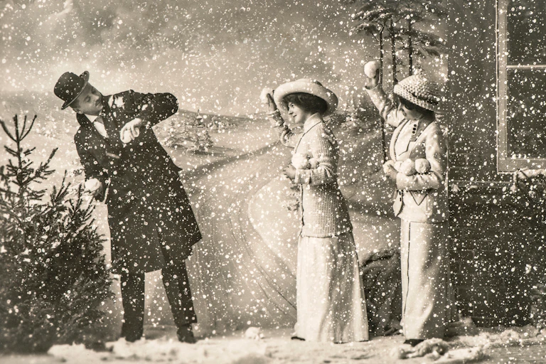 Young Victorians playing in the snow