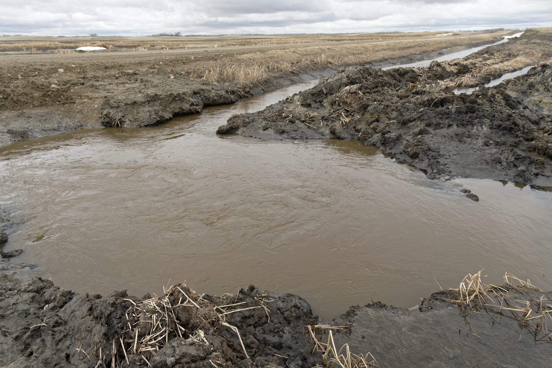 A pool of water runs into a small channel in a field.