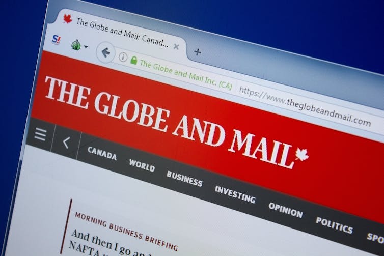 a website showing the homepage banner of The Globe and Mail
