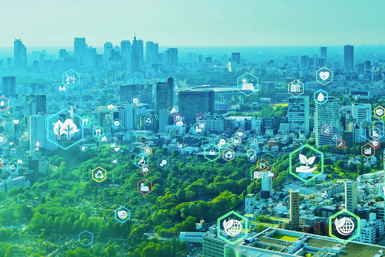 A future city is imagined with plenty of green spaces