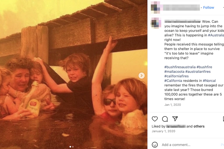 An instagram post showing a family sheltering in water during a bushfire.