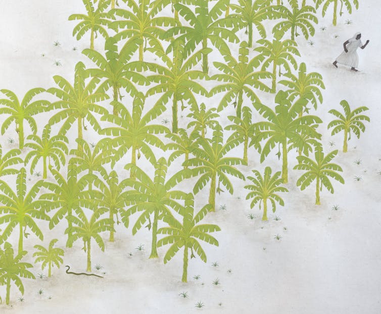 Painting of palm trees and a small figure.