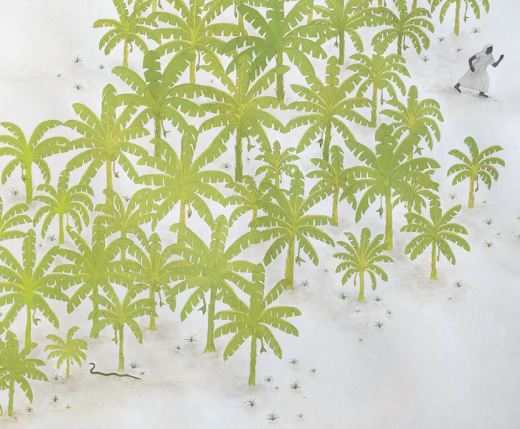 Painting of palm trees and a small figure.