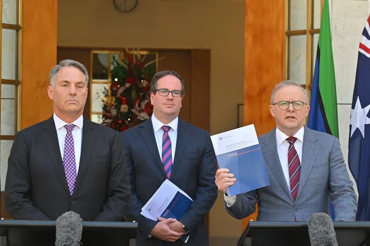 Deputy Prime Minister Richard Marles, Minister for Veteran’s Affairs Matt Keogh and Prime Minister Anthony Albanese addressing a press conference.