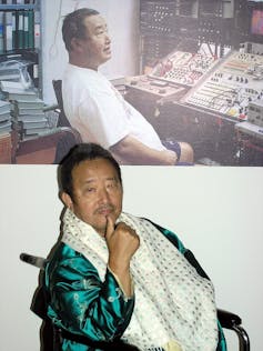 A man seated under an image of himself.