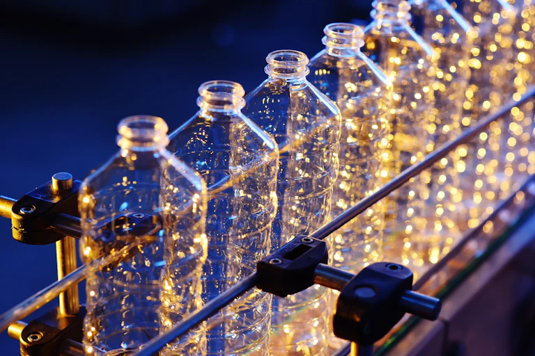 A conveyor belt of plastic bottles.