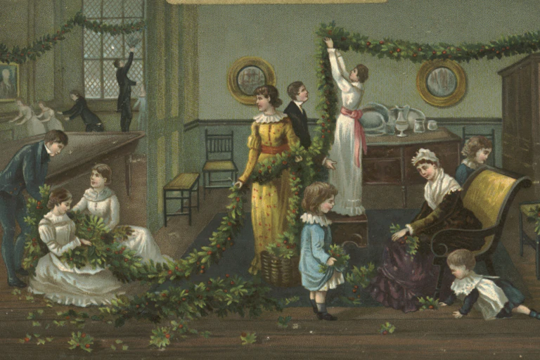 Painting of a Victorian family putting up a wreath