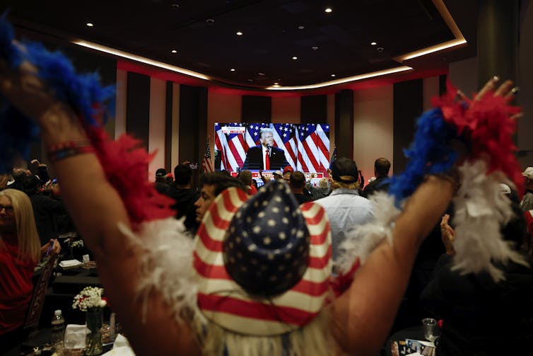 People dressed in red, white and blue stars and stripes watch Donald Trump on a television.