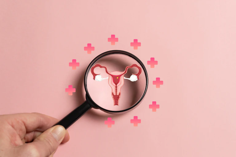 A magnifying glass shows a diagram of the uterus.