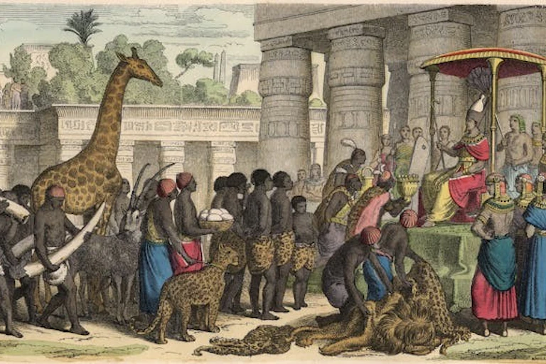 Illustration de personnes apportant des animaux à un personnage assis sous un dais