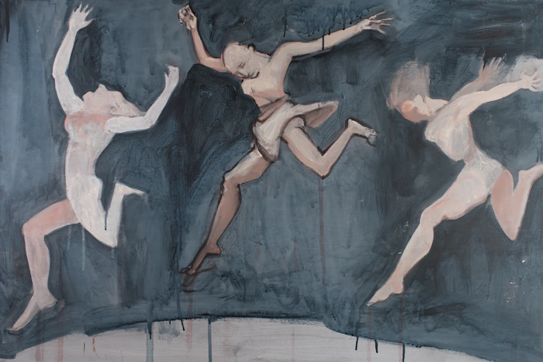 Painting showing three leaping dancers