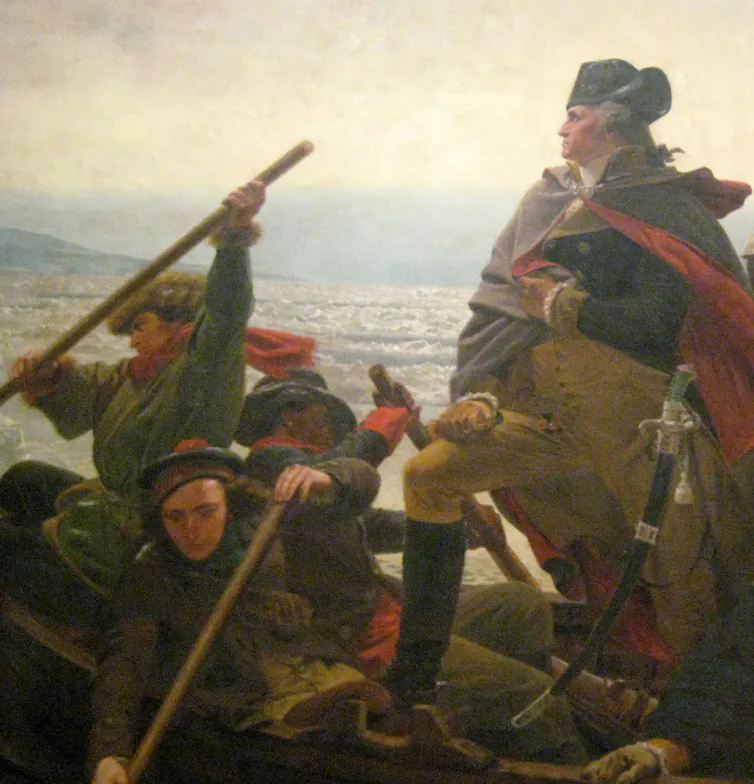 A painting shows a man in uniform in a boat being paddled across a river.