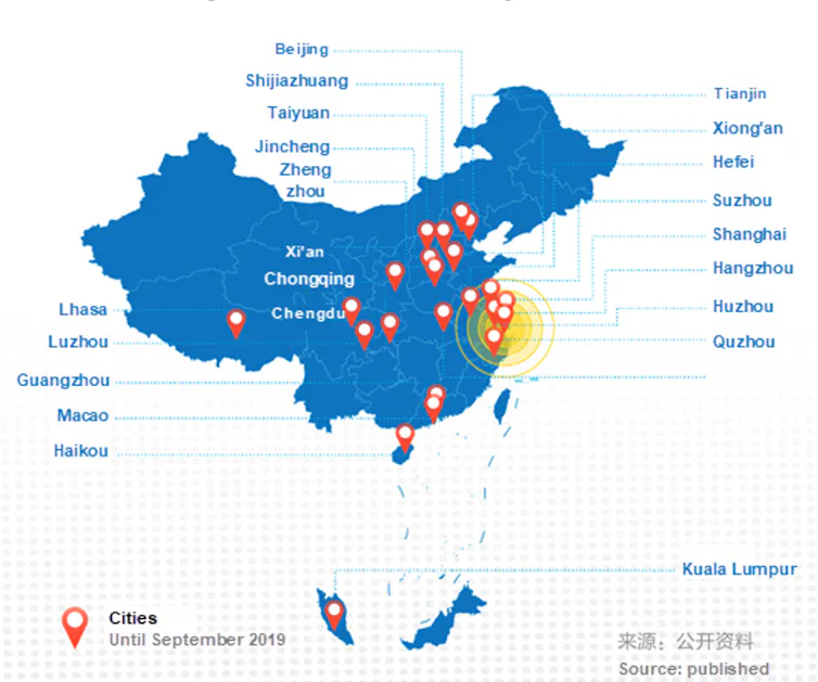 Données géographiques sur une carte de la Chine indiquant les villes où Alibaba Cloud et City Brain ont été installées