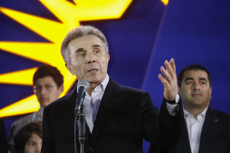 Bidzina Ivanishvili, the founder of the pro-Russia Georgian Dream party, gestures with his hand.