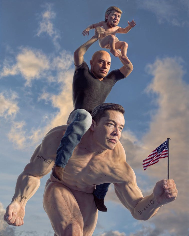 Une version enfant de Donald Trump portée à bout de bras par Joe Rogan qui se trouve sur les épaules d’une version géante d’Elon Musk