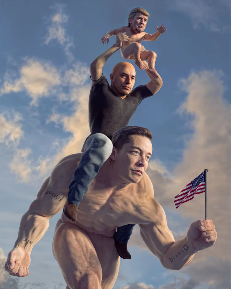 Une version enfant de Donald Trump portée à bout de bras par Joe Rogan qui se trouve sur les épaules d’une version géante d’Elon Musk