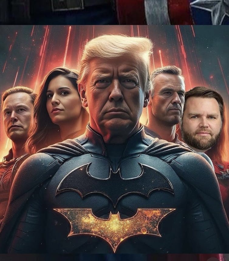 Donald Trump avec un costume de superhéros avec plusieurs figures politiques conservatrices américaines