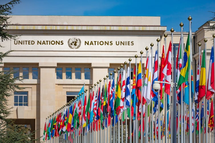 A row of flags of different countries in front of a stone United Nations building.