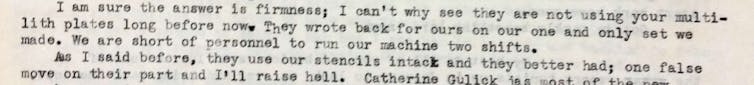 A letter typed on a typewriter, which includes the sentence 'one false move on their part and I'll raise hell.'