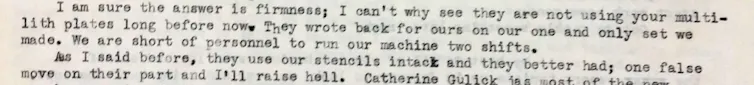A letter typed on a typewriter, which includes the sentence 'one false move on their part and I'll raise hell.'