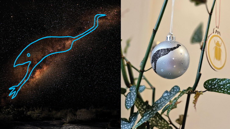 An image of the Milky Way with an outline of the Emu, highlighting the shape of the Emu in the Sky dark patches in the Milky Way galaxy. On the right is a siler bauble hanging from an indoor plant (polka dot bogonia). The bauble has black glitter in the s