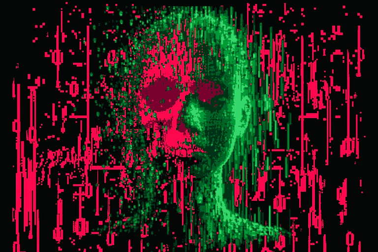 Pixelated image in jarring red and green showing a human skull and face