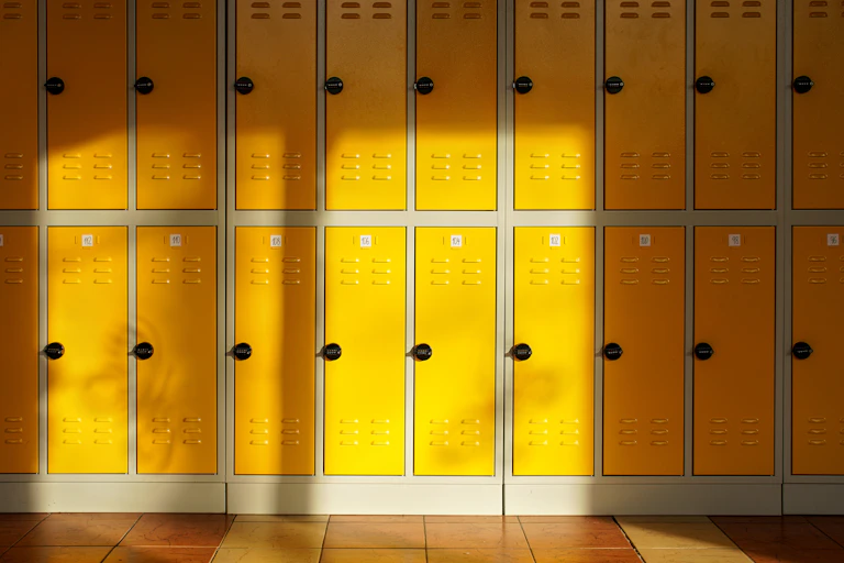 Rows of yellow school lockers.